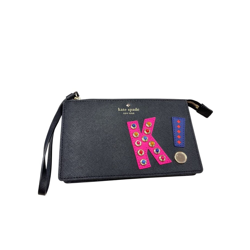 Kate Spade NY black leather bejeweled wristlet clutch bag SKU 9953
